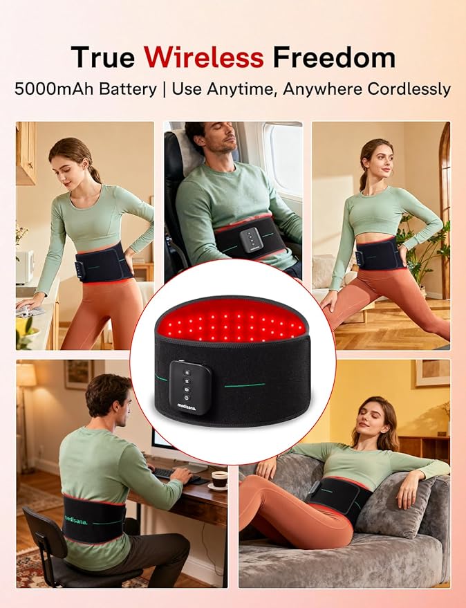 Medisana 3-in-1 Red Light Therapy Belt, Cordless & Portable Infrared Red Light Therapy for Body with Red Light/Pulse/Heat/Vibration - 660nm/850nm for Back Pain Relief (Regular)
