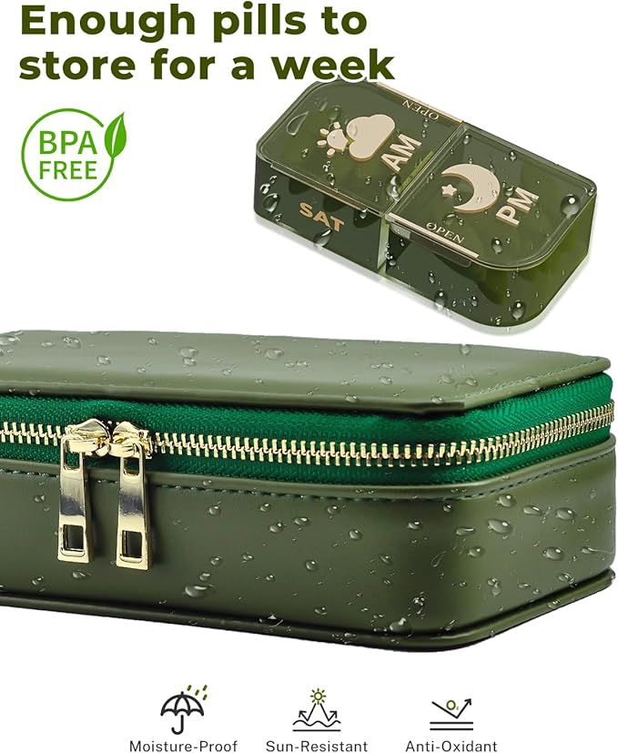 Pill Organizer 2 Times a Day (AM PM), Weekly Pill Box with PU Leather Travel Case, Portable Medicine Organizer for Travel, Work & Supplements (Green)