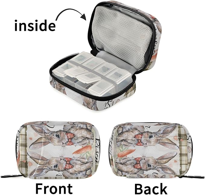 Brown Plaid Bunny Easter Travel Pill Organizer Case Box Container Weekly Portable Vitamin Medicine Holder Storage Bag with Zipper Removable