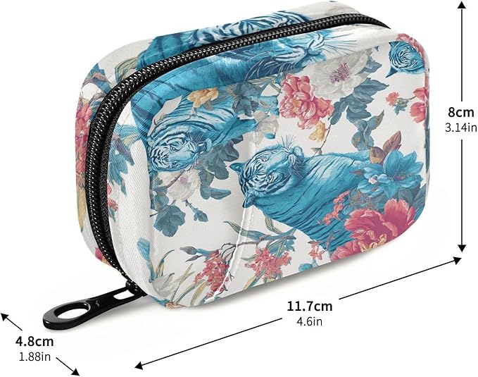 Blue Tigers and Colorful Flowers Travel Pill Organizer Case Box Container Weekly Portable Vitamin Medicine Holder Storage Bag with Zipper Removable