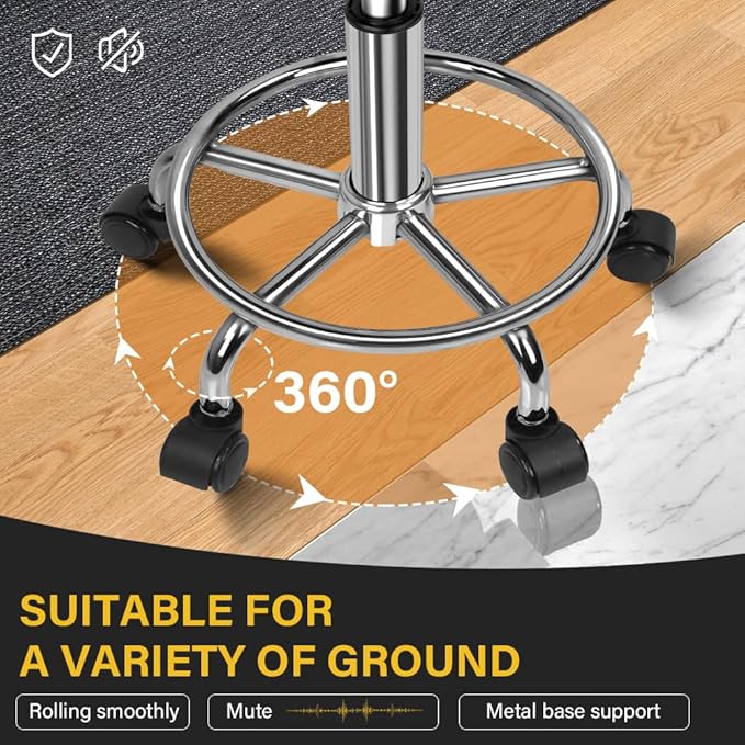 Round Rolling Stool with Footrest PU Leather Height Adjustable 360° Swivel Stool with Wheels Office Chair Home Drafting Work Studio Shop SPA Salon Small (Grey)