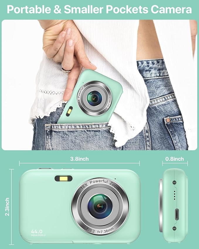 Digital Camera, Kids Camera with 32GB Card, FHD 1080P 44MP Vlogging Camera, 16X Zoom Point and Shoot Digital Camera Compact Portable Rechargeable Cameras for Teens Boys Girls Students Seniors-Green