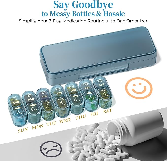 Betife AM PM Pill Organizer 7 Day, Weekly Pill Organizer 2 Times a Day, Daily Pill Box AM PM, Portable Travel Medicine Case, Day Night Pill Container for Medication, Vitamin or Supplement（Ocean Blue）