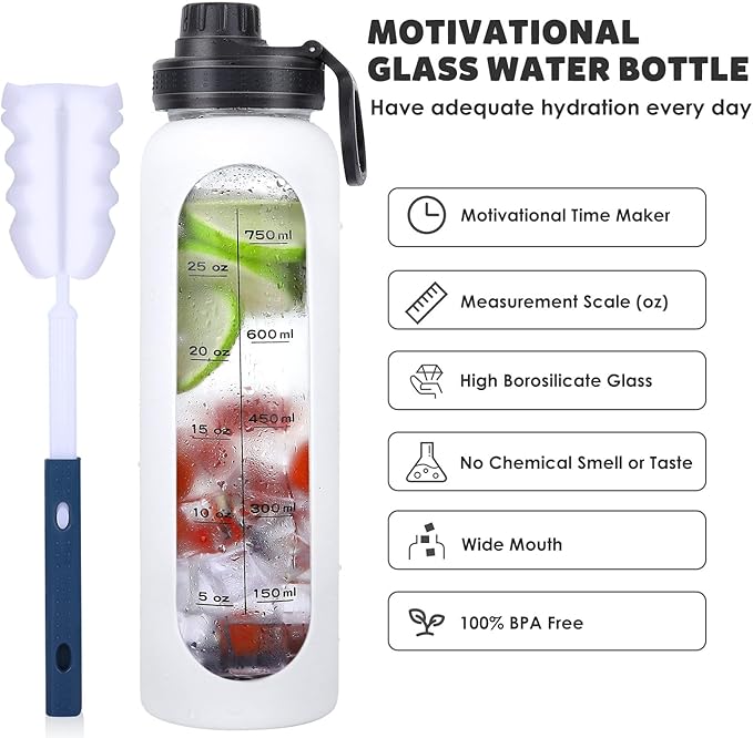 GIEMIT Glass Water Bottles 32oz with Silicone Sleeve Drinking Hydration Bottles Reusable Borosilicate Wide Mouth Motivational Water Flask Canteen with Time Marker Spout Lid and Brush (White - 32 oz)