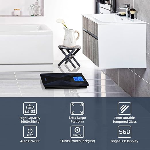 Scale for Body Weight 560lbs MPBEKING High Capacity Bathroom Scales Extra Large Platform Accurate Weighing Scale LCD Backlit Display with Tape Measure & 4 AAA Batteries (Black)