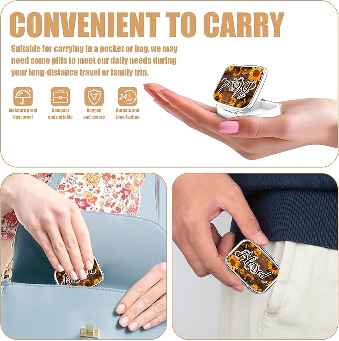 Pill Box-2 Compartment Small Pill Case Square Organizer Case with Mirror Portable Metal Medicine Box Travel Container for Pocket & Purse Women Men（Blessed Sunflower）