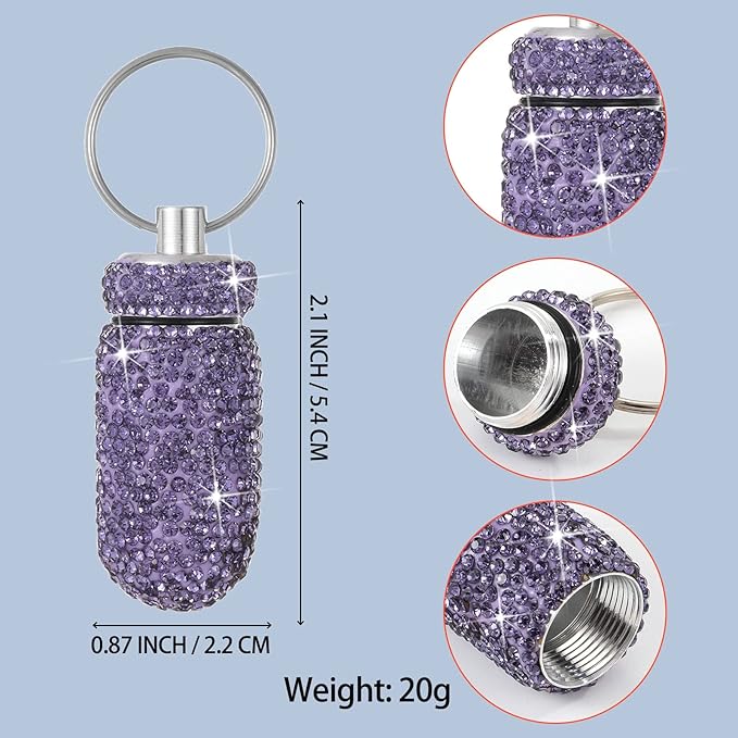 Bling Pill Case Portable Travel Pill Container Bottle Rhinestone Waterproof Small Pill Holder with Keychain Cute Mini Pill Storage Box for Outdoor Camping (White Pink Purple)