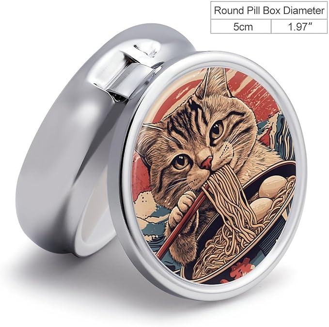 Transparent 3-Compartment Medicine Pill Case, Portable Round Pill Box for Pocket or Purse, Decorative Metal Medicine Vitamin Organizer. (A cat Eating Noodles)