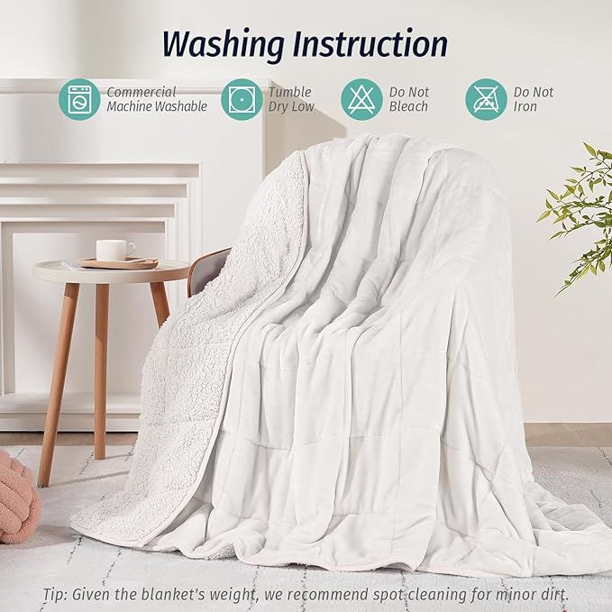 Wemore Sherpa Fleece Weighted Blanket for Adult, 15 lbs Dual Sided Cozy Fluffy Heavy Blanket, Ultra Fuzzy Throw Blanket with Soft Plush Flannel Top, 60 x 80 inches Queen Size White on Both Sides