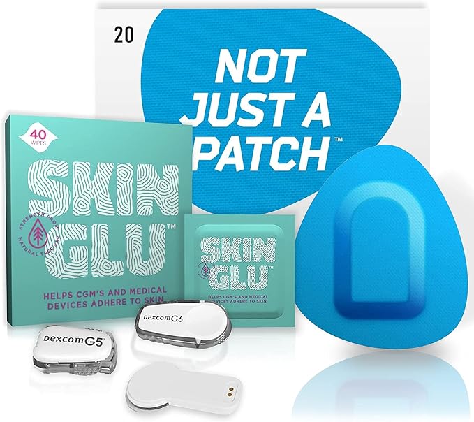 Not Just a Patch & Skin Glu Combo Pack,Adhesive Patches for CGM and Infusion Site, Compatible with Dexcom G4 G5 G6 & MiaoMiao Sensors, Plus CGM Patch Barrier Wipes, (20 Blue Patches & 40 Wipes)
