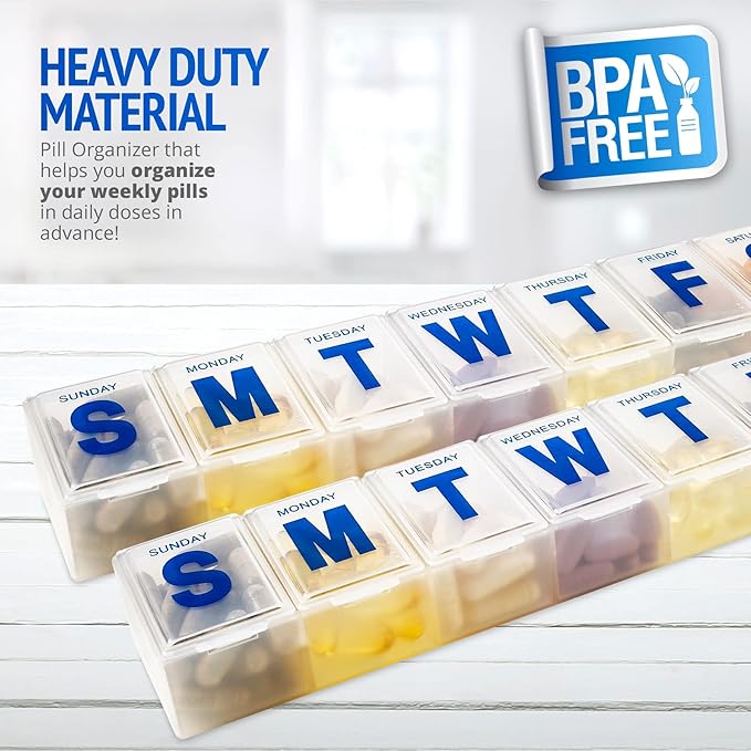 Weekly Pill Organizer - Extra Large Pill, Medicine, Vitamin Organizer Box, Weekly, Daily Planner Container with Easy to Read Letters, BPA Free - Daily Travel 7 Day Medication Pill Box Case