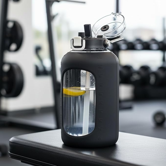 BLUEGO 100 oz Glass Water Bottle with Straw, Huge 3 Liter Water Bottle with Sturdy Handle, Glass Water Jug with Sleeve, Wide Mouth Water Container with Time Marker, Black
