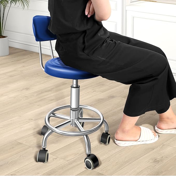 Chair with Wheels PU Leather, with Backrest, Height Adjustable, 360° Swivelling Armless Barstool with Footrest, Ideal for Pubs, Restaurants, Offices, Homes, Tattoos, Massages (Blue)