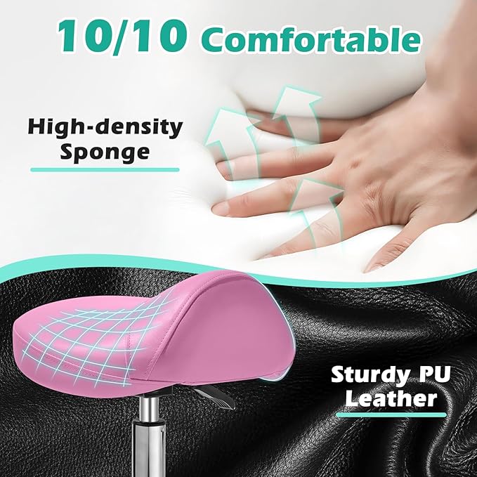 Saddle Stool with wheels Ergonomic - Heavy Duty 400lbs, Upgraded Thick Saddle Cushion, Healthy Posture Correction, Swivel Adjustable Rolling Saddle Stool, Saddle Chair for Salon Massage Home (Pink)