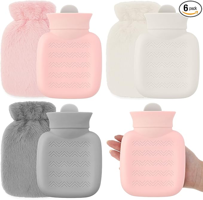Amylove 3 Pcs Mini Hot Water Bottle for Hot & Cold Compress with Cover 320ml Silicone Microwave Heating Bottles Small Water Bag for Travel Holiday Gift (Pink, Gray, White,Plush)