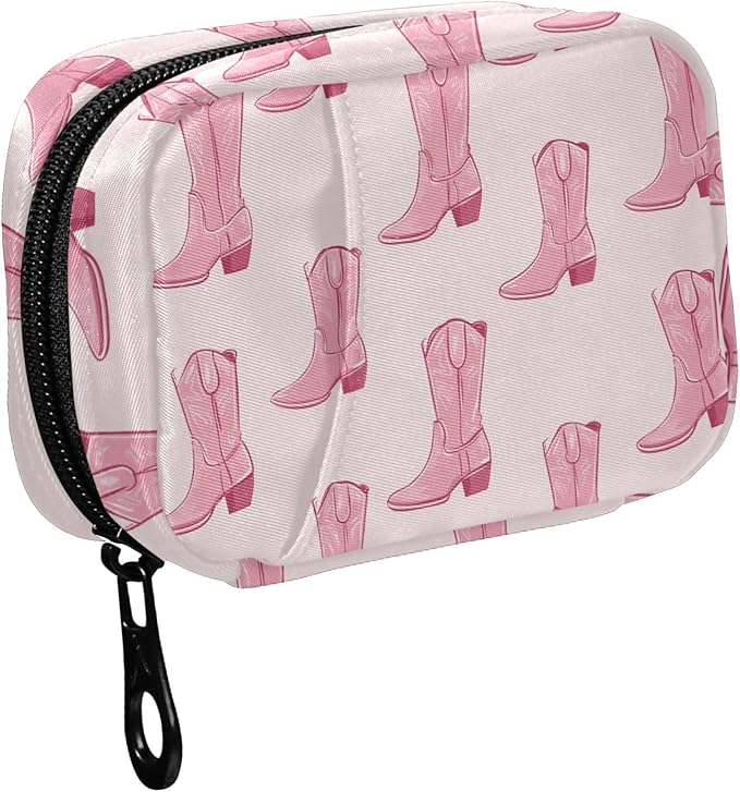 Fustylead Pink Retro Cowgirl Boots Pill Organizer for Purse, Weekly Portable Pill Box with Zipper to Storage Vitamins Fish Oils Medications Supplements