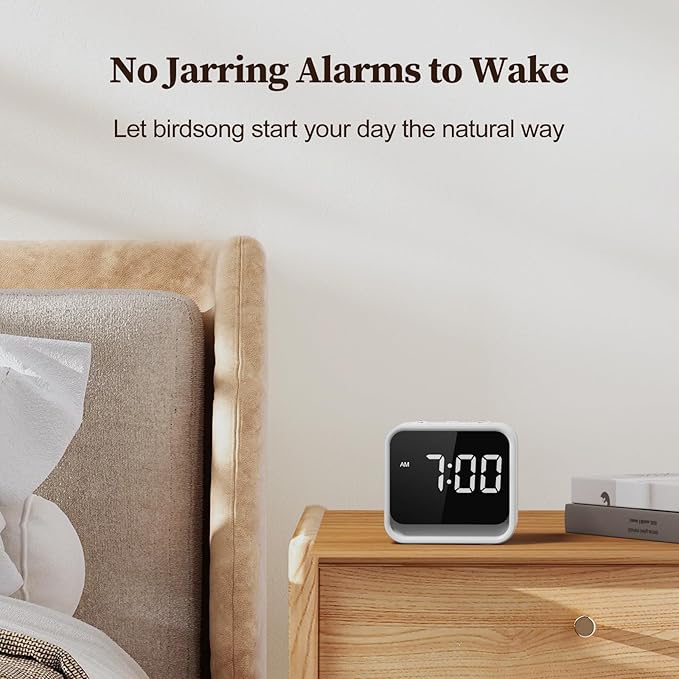 HOUSBAY Wooden Sound Machine Alarm Clock for Bedrooms - Gentle Wake-Up with Birdsong, White Noise for Sleeping, Small Digital Clock for Phone-Free Routine - Ash Wood