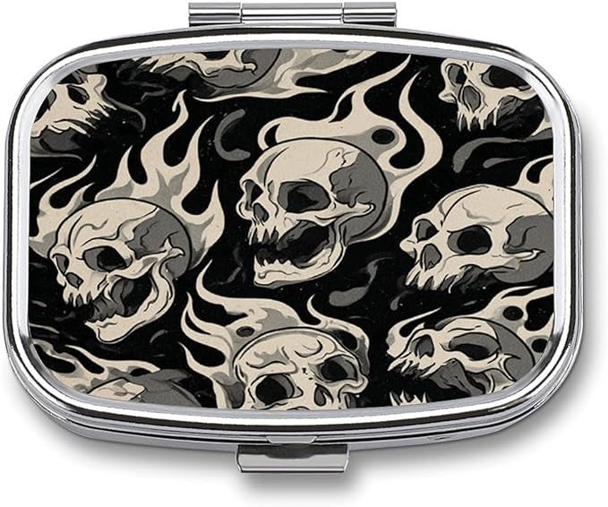 Metal Pill Organizer – 2-Compartment Pocket Pill Box for Vitamins, Supplements, Medications – Compact Travel Case (Flaming Skulls)