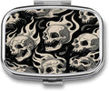 Metal Pill Organizer – 2-Compartment Pocket Pill Box for Vitamins, Supplements, Medications – Compact Travel Case (Flaming Skulls)