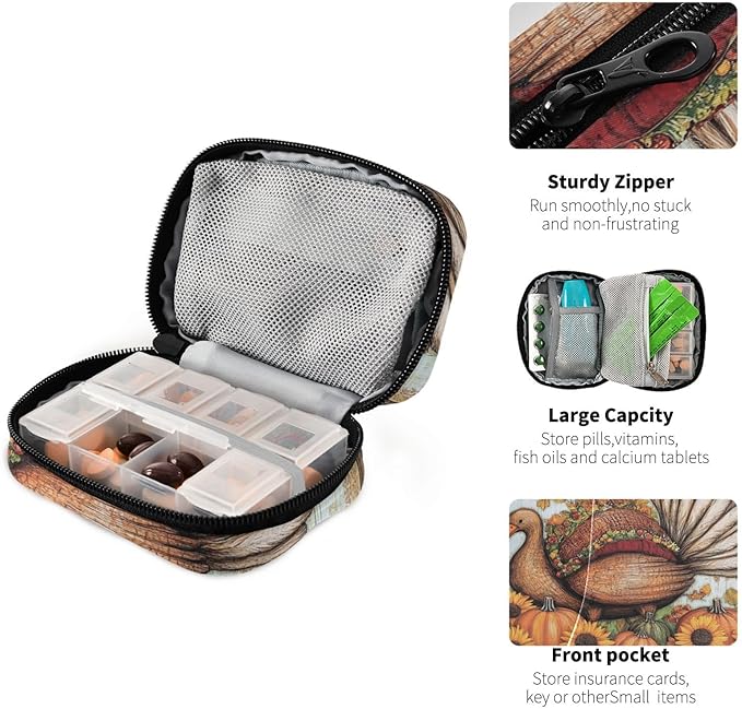 Travel Pill Case Happy Thanksgiving Weekly Small Pill Box 7 Day Pill Box Pill Organizer Bag