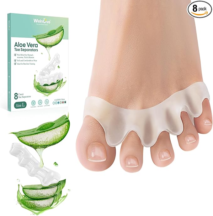 Welnove Toe Separators - 8 Pcs Toe Spacers for Women and Men - Restoring Toes to Their Original Shape - Silicone Toe Spreaders for Yoga Practice - Aloe Vera Infused