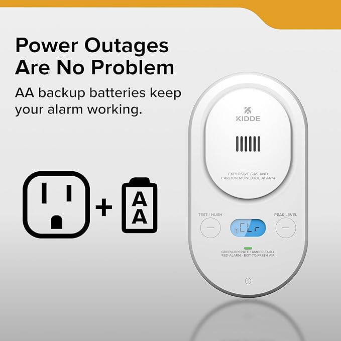 Kidde Carbon Monoxide + Explosive Gas, Natural Gas & Propane Alarm, Plug-in with AA Battery Backup, Digital Backlit Display, 85 dB Alarm, Rotating Plug, LED Status Indicators, 5th Edition, COPDLG
