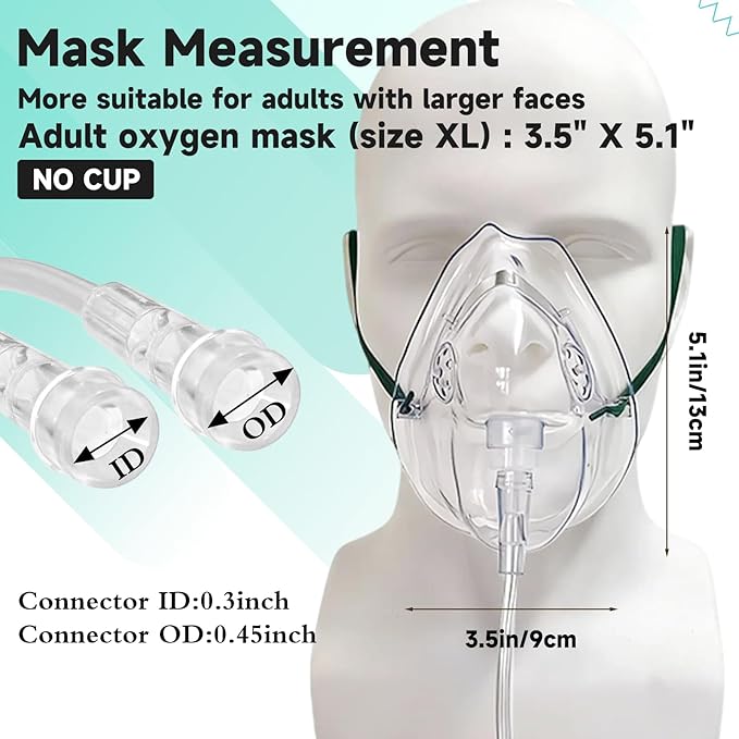 3 Pack Oxygen Masks for Face Adult, XL Size Oxygen Mask with 6.6' Ft Tubing and Adjustable Elastic Strap- NO Cup-White