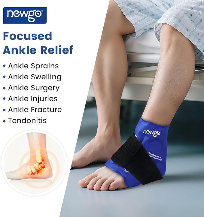 NEWGO Ankle Ice Pack Wrap for Sprained Relief, Ice Pack for Ankle Inuries Reusable, Cold Therapy for Ankles Swelling, Post Surgery Recovery - Blue