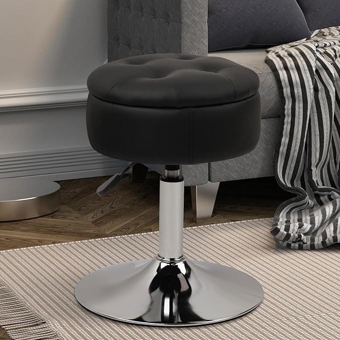 Salon Stool with Big Storage, Height Adjustable 360° Swivel Modern Round Leather Tufted Makeup Vanity Stools for Massage Facial Spa Beauty Nail Medical Clinic Tattoo Barber Shop Lab, Black