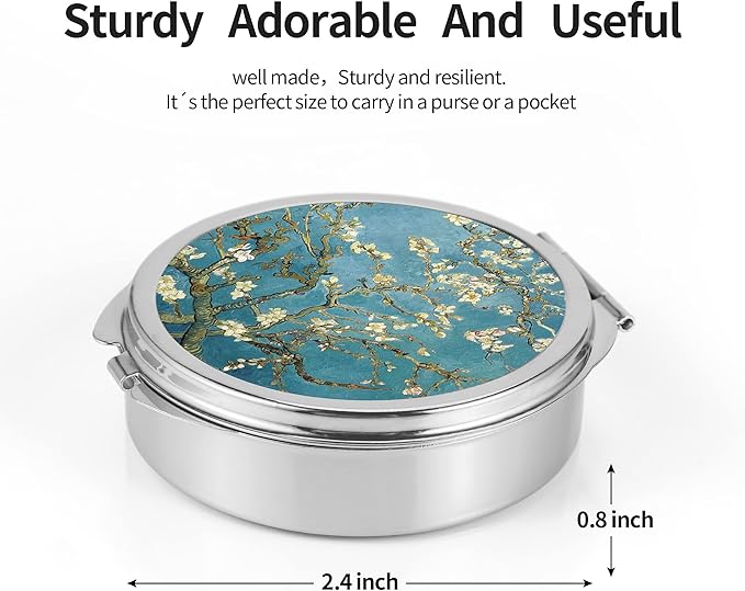 Dynippy Pill Case Pill Box with Mirror Pocket 3 Compartment Medicine Case Vitamin Pill Organizer for Pocket Purse and Travel (Round, Silver-Almond Blossom)