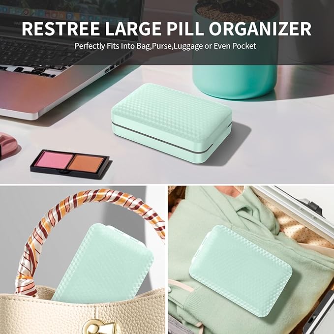 Restree Weekly Pill Organizer 8 Compartment, [Triple Seal Magnetic Lock] Travel Pill Case with Labels & Inner Lid, Moisture Proof for Vitamins, Fish Oil, Supplements, Daily Meds – 7+1 Large (Green)