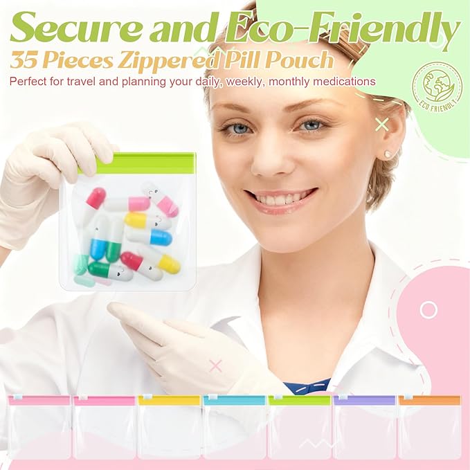 Sherr 35 Pcs Pill Pouch Zippered Pill Pouch Set Reusable Translucent Medicine Organizer Self Sealing Medicine Organizer Travel Plastic Bags with Slide Lock for Storage(Sweet, Macarons Color)