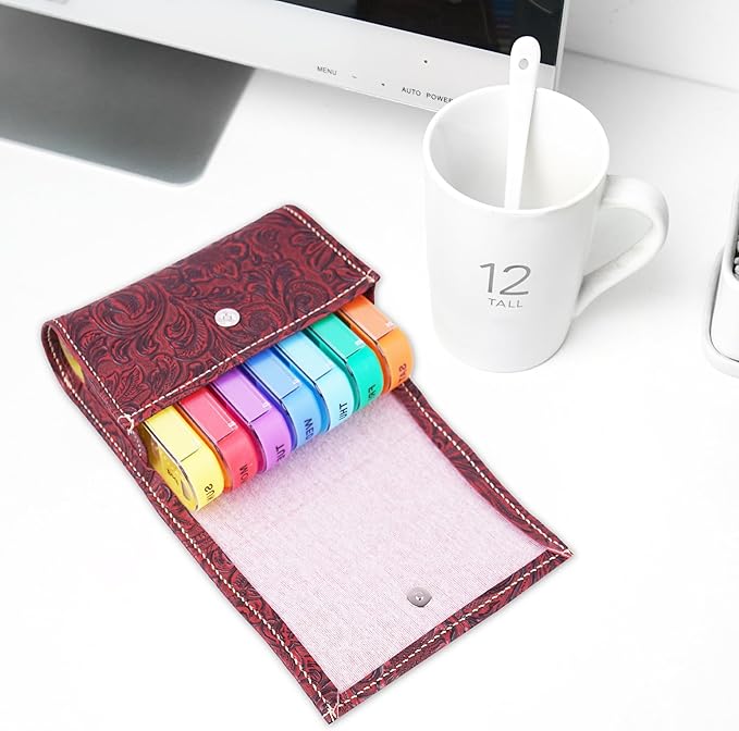 Pill Organizer,Haecsfl Weekly Travel Pill Case Box Medication Reminder Daily AM PM, Day Night 7 Compartments,for 4 Times A Day, 7 Days a Week-Includes Leather PU Carrying Case(1-Carved Red)