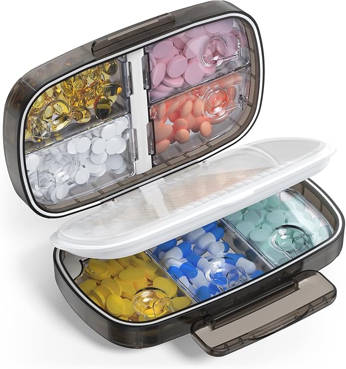 Travel Pill Organizer airtight Medicine Storage Container Pill Box for Purse Vitamin Large Compartments Portable Medication Pocket Pharmacy with Labels Supplement Holder Pill Case