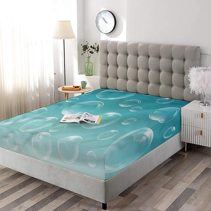 Decorative Fitted Sheet Set Queen Size, Aqua Deep Pockets Fitted Sheet & 2 Pillow Sham Set(No Flat Sheet), Dreamy Air Filled Bubble Forms Printed Microfiber Bedding 3pc Set, for Women & Men Bedding