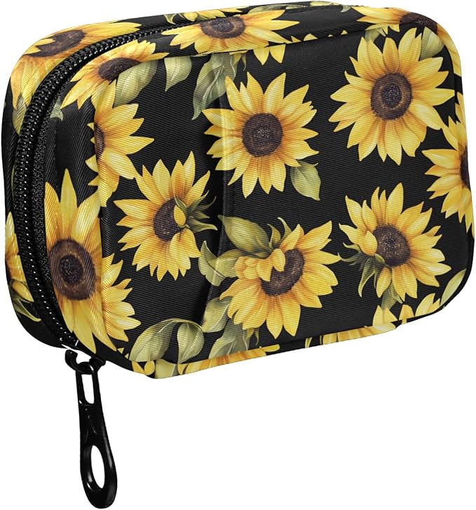 Fustylead Vibrant Yellow Sunflowers on Black Background Pill Organizer Case with Zipper 2 Times A Day for Vitamin and Supplement, 7 Day Travel Organizer Medicine Case