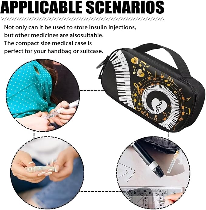 Musical Notes Heart Insulin Cooler Travel Case with Handle Portable Insulated Glucose Meter and Diabetic Supplies Carrying Bag for Daily Life and Trip Easy to Use