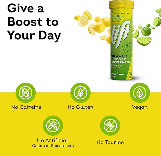 Lift Glucose Fast-Acting Glucose Chewable Energy Tablets, Lemon & Lime, 10 ct Tube (Pack of 12)