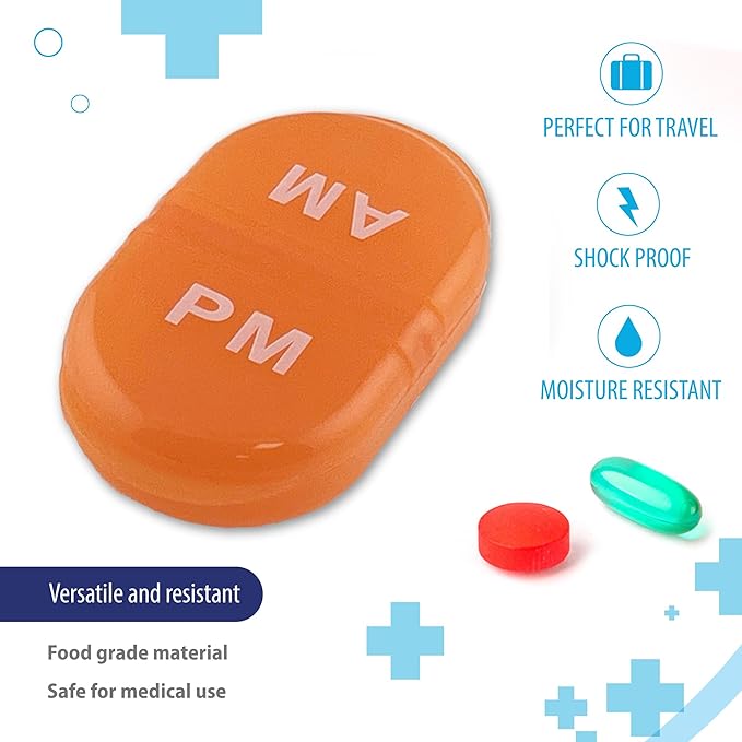 Deke Home - Pill Organizer AM PM, 2 Compartment Pill Box for Pocket or Purse, Small Daily Medicine Case, Travel Pill Holder, Easy Open Pill Container for Seniors, Vitamins & Supplements (Orange)