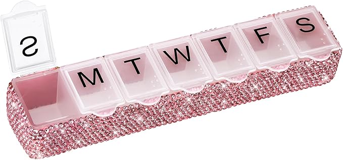 Soleebee Portable Weekly 7 Day Pill Organizer, Bling Crystal Pill Box Case, Travel Pill Planner, Pill Dispenser, Medicine Vitamin Container Organizer (Pink)