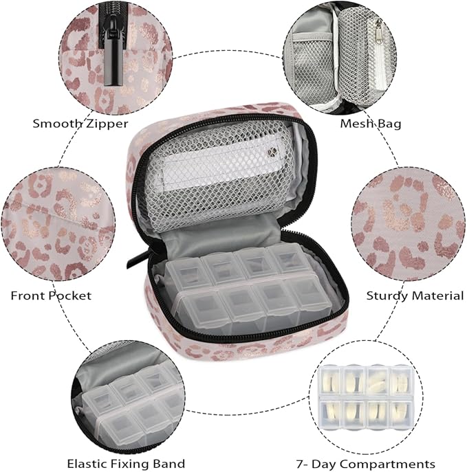 Rose Gold paw Skin Pill Case Everyday Travel, 7 Day Weekly Medicine Pill Box Compact Portable Pills Bottle Organizer with Zipper for Daily Vitamin Medicine Holder Bottle Organizers Bag