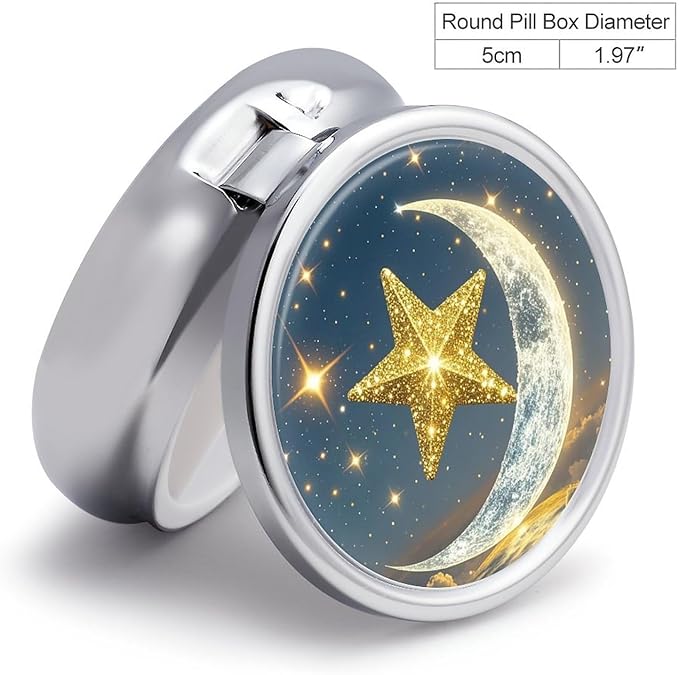 Golden Stars and Moon Pill Box Travel Pill Case for Purse Pocket Weekly Medicine Organizer with Mirror 3 Compartment Round Medicine Case Portable PillcaseHolder for Daily