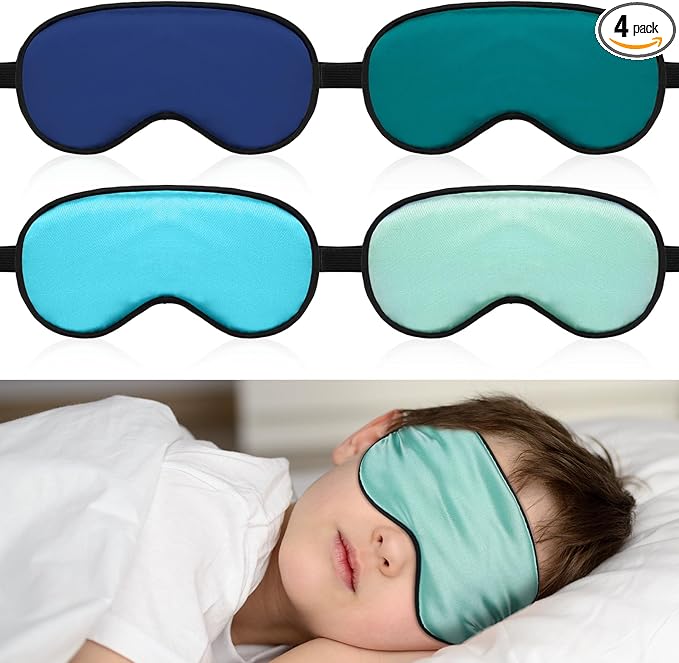 Sintege 4 Pcs Silk Eye Mask for Sleeping Kids Soft Eye Cover with Adjustable Strap Blindfold for Kids Boys Girls Christmas Travel Gift Nap Shade Blocking Light(Green, Navy Blue, Sky Blue, Dark Green)