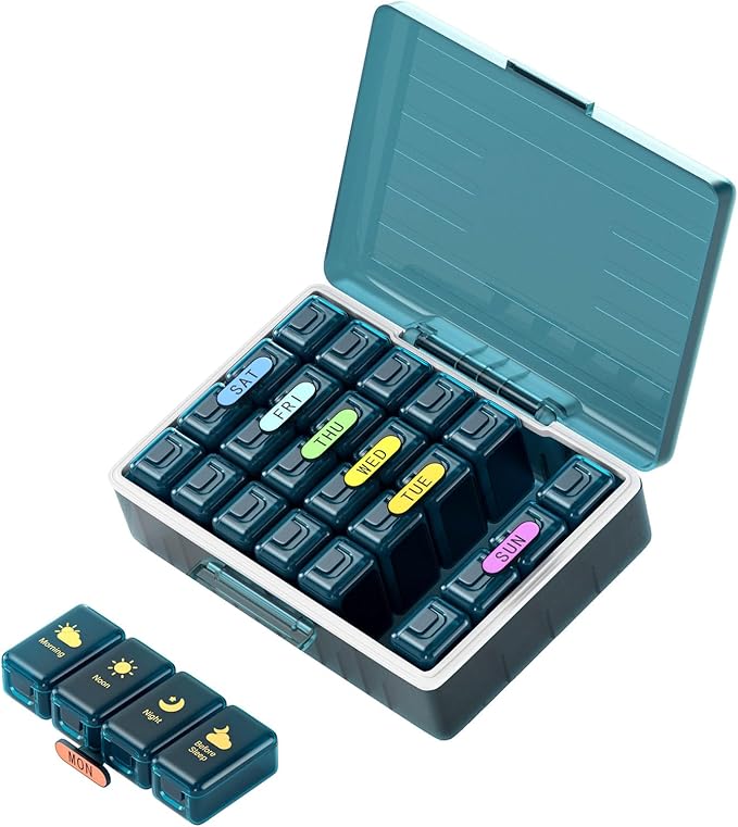 Weekly Pill Organizer 4 Times a Day, Large Compartments Pill Box 4X 7 Day, Medicine Organizer Pill Case for Pills/Vitamins/Fish Oils/Medication/Supplements (4x7 Blue)