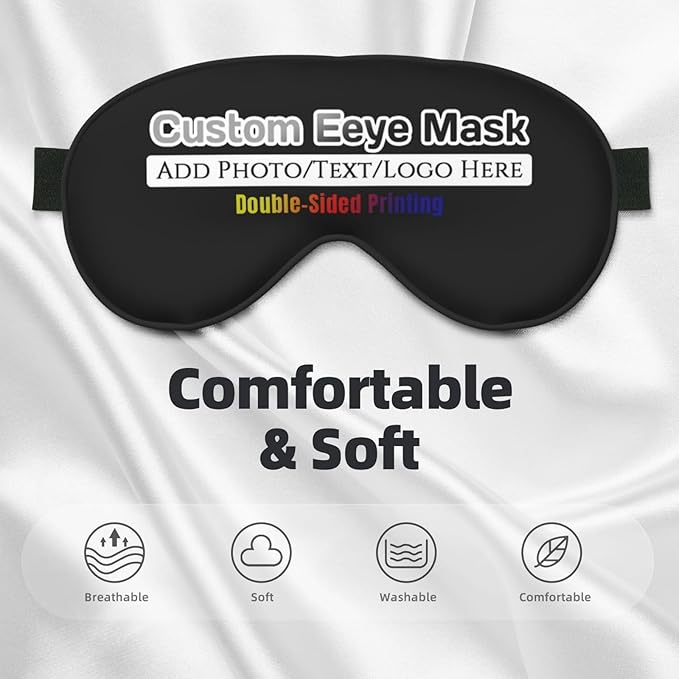 Personalized Eye Masks,Customized Sleep Blindfold Eye Mask,Custom Blackout Eye Cover with Adjustable Strap for Travel and Nap Black