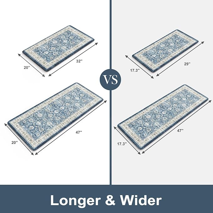 KIMODE Kitchen Mats Cushioned Anti Fatigue, Boho Oriental Kitchen Rugs Sets of 2, Blue Kitchen Mats for Floor, Padded Kitchen Floor Mat, Non Slip Standing Desk Mats for Sink Laundry Office