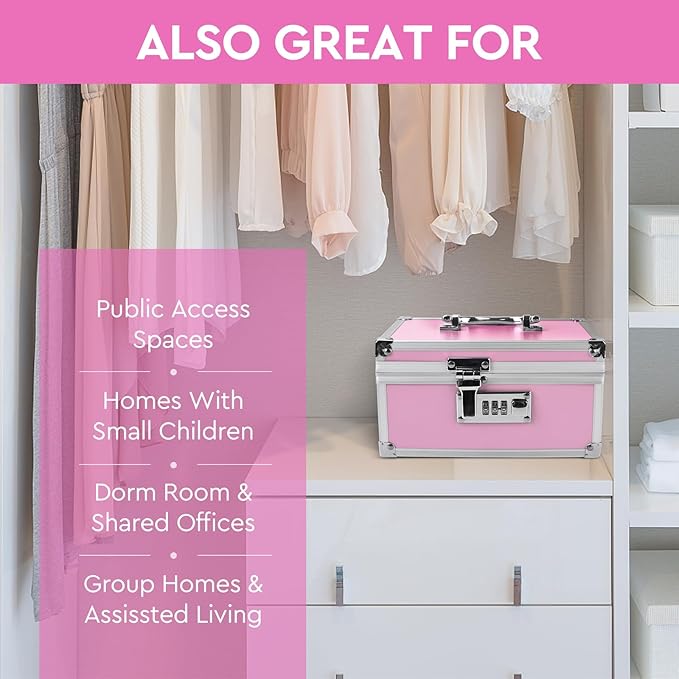 Travel Smell Proof Safe Locking Box With 6 PCS Accessories, Premium Medicine Organizers Case, Childproof Pill Box Organizer, Lock box for Valuables, Pink