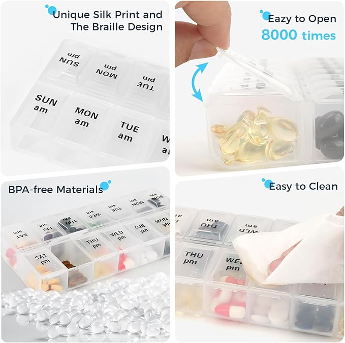 Weekly Pill Organizer 2 Times a Day, Travel Pill Box 7 Day with Large Opening, Pill Case with Handle, Pill Dispenser Medicine Organizer for Vitamins, Fish Oils, Medications, Supplements(Black, Large)