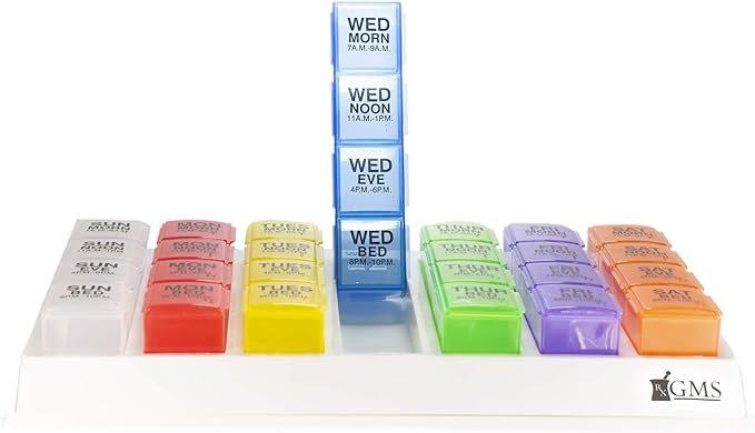 GMS 4 Times Per Day Weekly Slant Tray Pill Organizer - Includes 7 Removable Pill Boxes for Organizing and Reminding Medications While Traveling, Working, and Other Daily Activities(Rainbow)