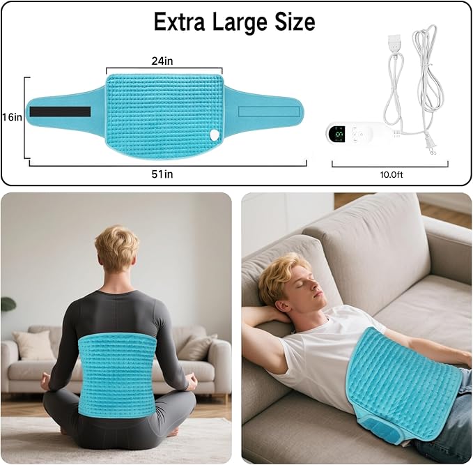 Large Heating Pads for Back Pain/Period Cramps, 4 Timer(Max 4H)/9 Heat/10ft Long Cord/ 16 * 24" Heat Pad+27" Belt Wearable(51" in Total) Electric Wrap Around Heating Pad Birthday Christmas Gift(Blue)
